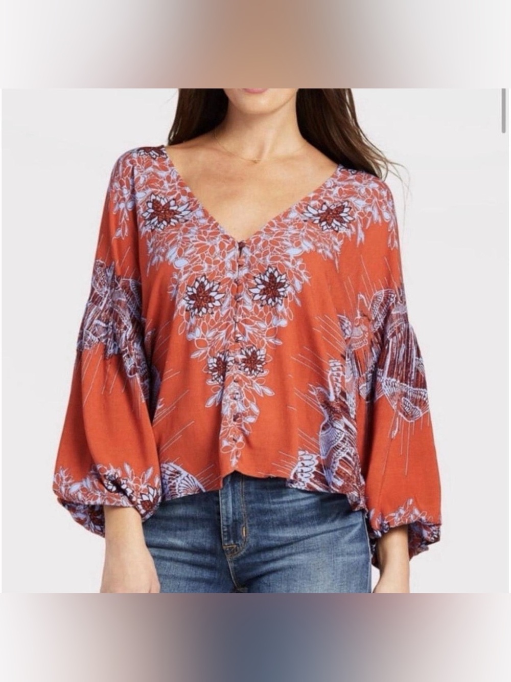 Free People Birds Of A Feather Button Blouse In Roman Orange. Size L